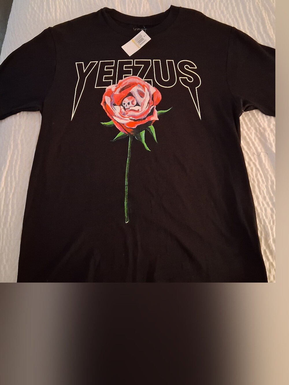 Yeezy Black Tee with Red Rose Graphic